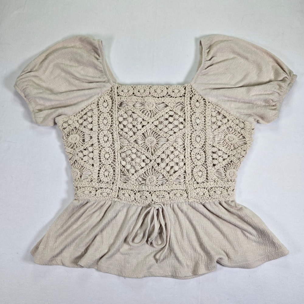 Maurices Womens Crochet Peplum‎ Top Textured Knit Puff Sleeve Beige Small